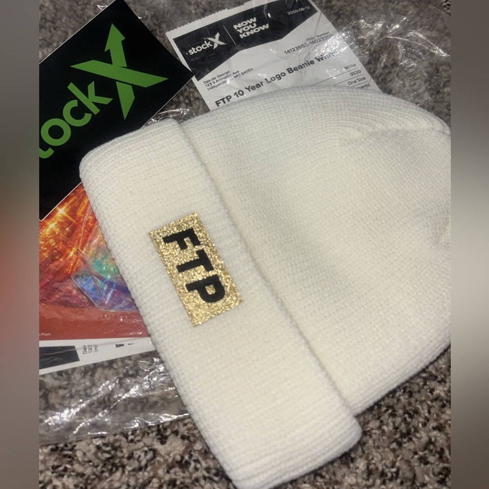 FTP ‘10 F’n Years’ logo beanie. White w/ gold embroidered. NWT & StockX chip